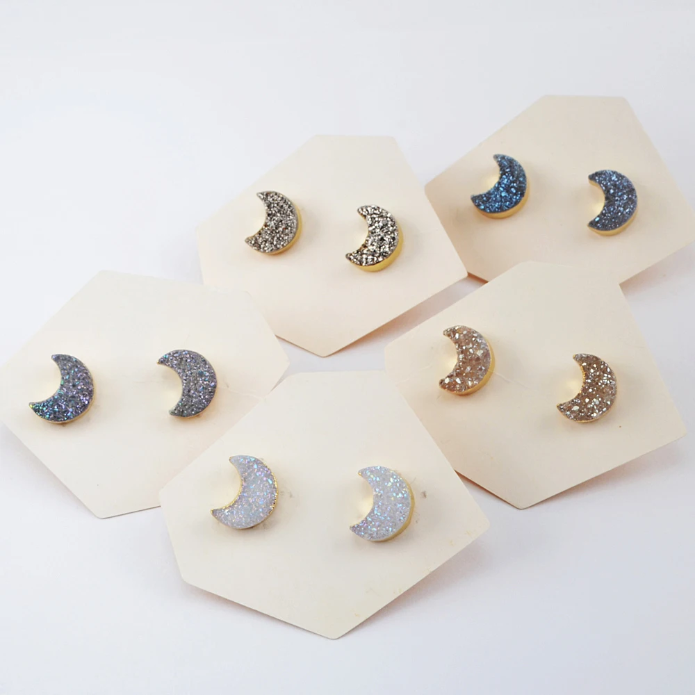 

5Pairs Fashion Gold Crescent Druzy Stud Earrings Natural Agates Titanium Druzy Moon Earring Women White Drusy Stud Jewelry G1946