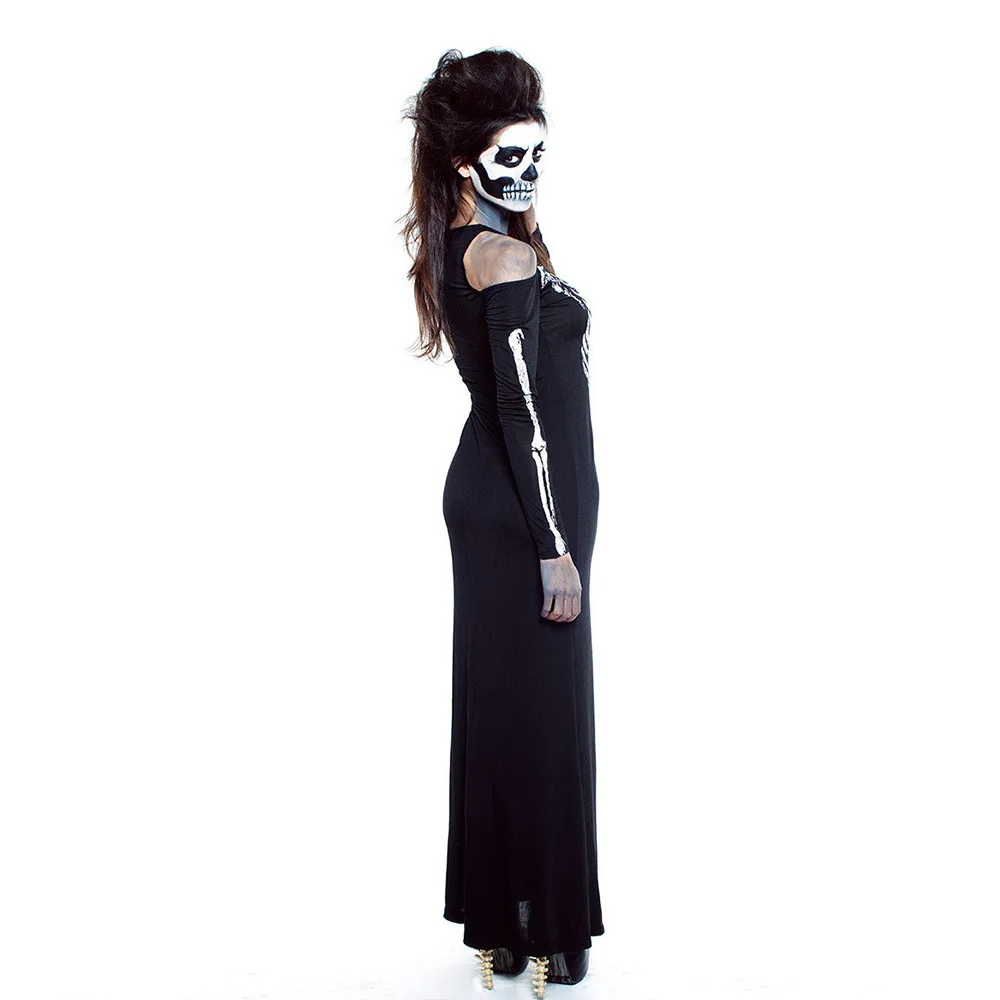 

Women's Halloween Skull Printed Dress Long-Sleeved Hollow Shoulder Round Neck Long-Sleeve Party Slim Cosplay Costumes