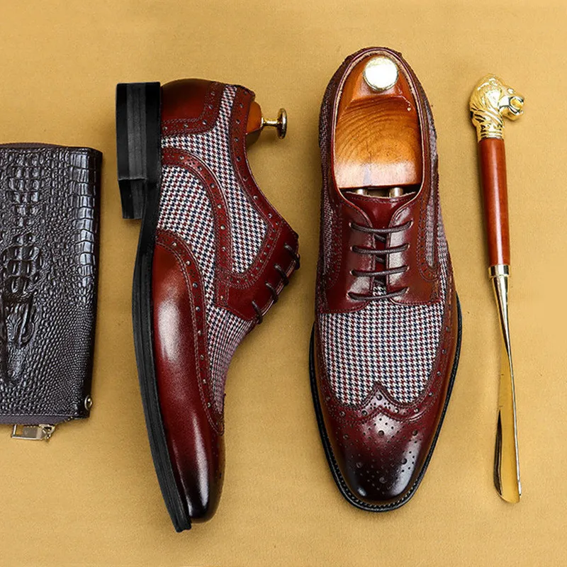 

High Quality Men Leather Cowboy Splicing Designer Shoes For Male Formal Work Dress Casual Brogue Footwear 2021 New Arrivals
