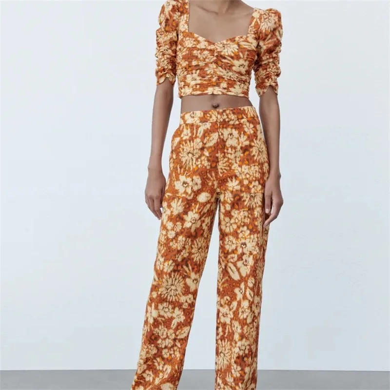 

ZXQJ 2021 Модные женские плиссированные укороченные блузки с цветочным принтом, винтажные женские рубашки с коротким рукавом и боковой молнией, блузы, шикарные топы