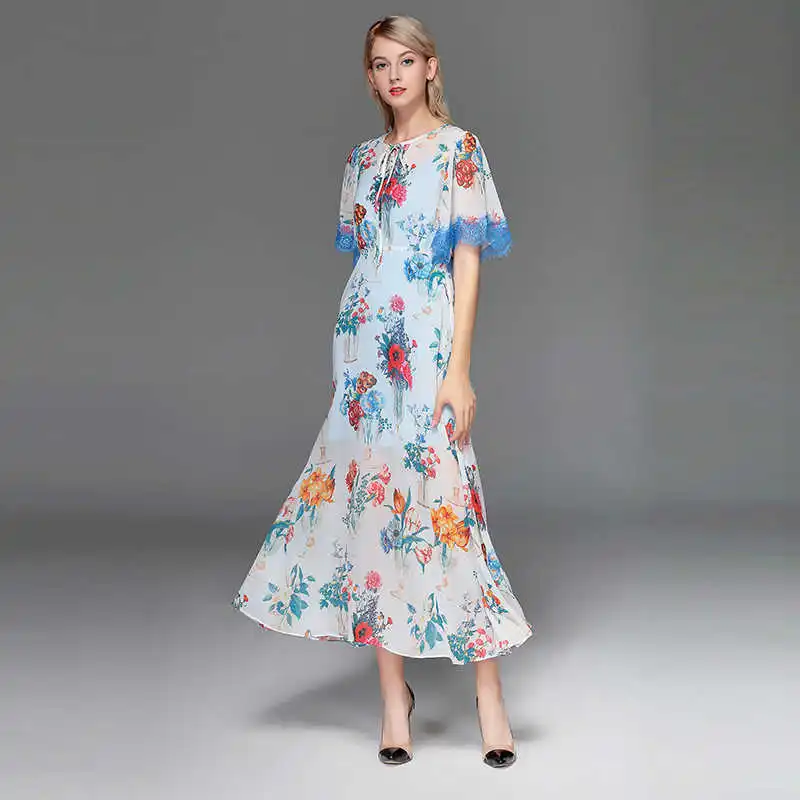

New spring 2021 summer runways floral print Chiffon dress Chic women elegant flare sleeves dress D789
