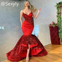 sparkly red sequin mermaid evening dress sexy spaghetti straps dubai formal prom dress 2021 plus size robe de soir%c3%a9e de mariage