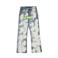 2021 stylish letter embroidery tie dye men straight baggy jeans trousers washed distressed vintage hip hop denim pants spodnie