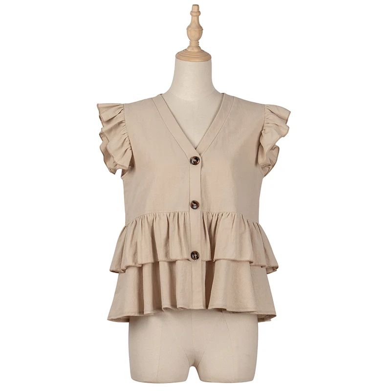 

Summer Solid Color V-neck Ruffles Short Sleeve Shirt Women Casual Single-breasted Tops And Blouses Elegant Slim Office Blouses