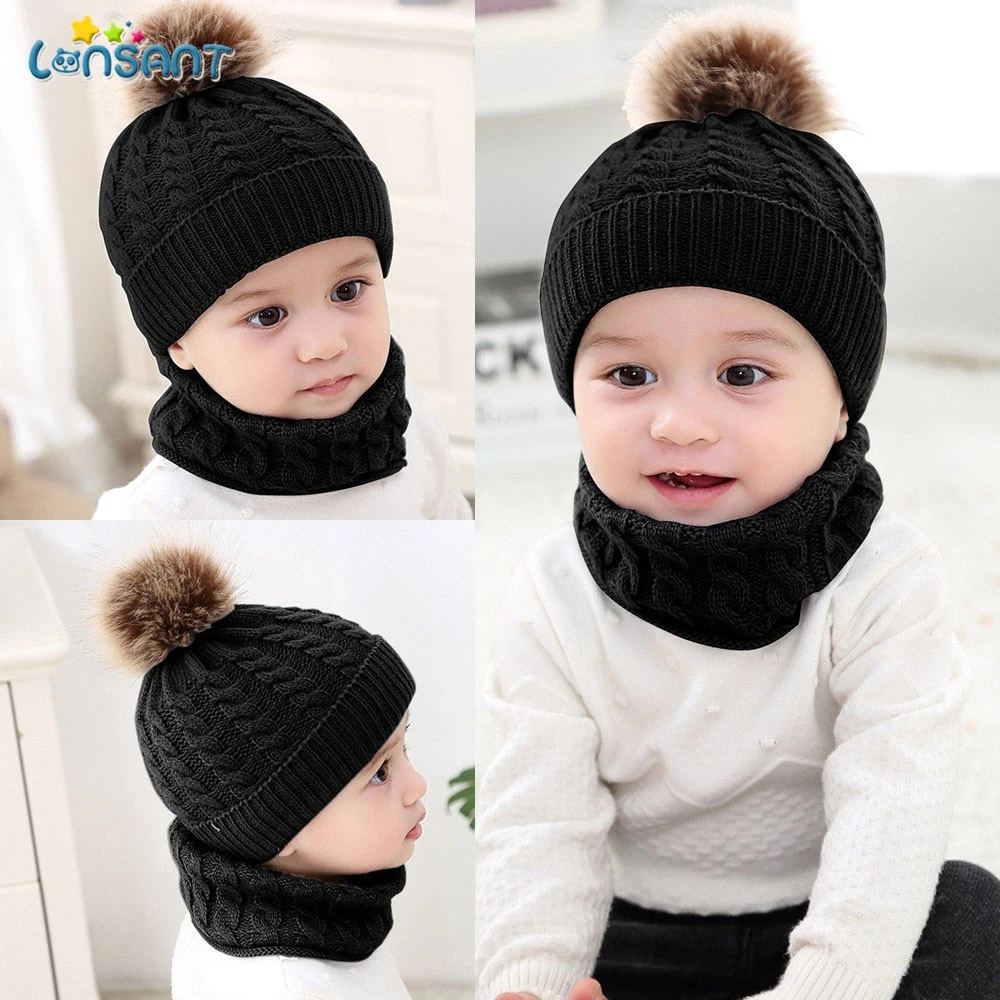 2Pcs Toddler Hat Baby Girls Boys Winter Warm Knitted Wool Hemming Beanie Cap+Scarf Keep Set 0-2 Year Kids 4 colors | Аксессуары для