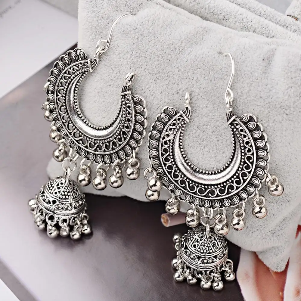 

Imixlot Vintage Ethnic Gypsy Indian Dangle Earrings For Women Boho Jewelry Ladies Retro Round Bell Hollow Tassel Jhumka Earrings