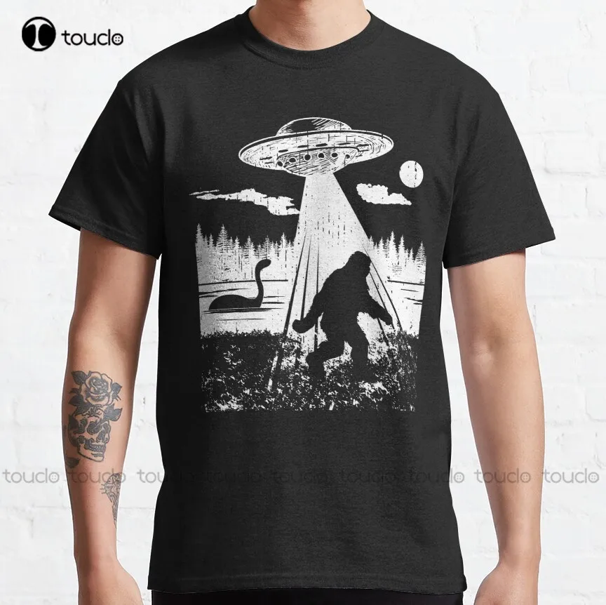 

Классическая мужская футболка Bigfoot Ufo, забавная Мужская футболка с изображением снежного человека, инопланетянина, криптозоологии, подрост...