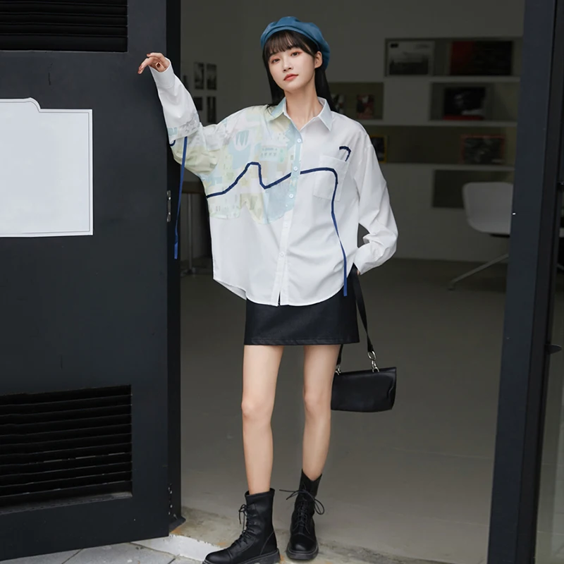 

[EAM] Women Pattern Print Big Size Tassel Blouse New Lapel Long Sleeve Loose Fit Shirt Fashion Tide Spring Autumn 2021 1DD4271
