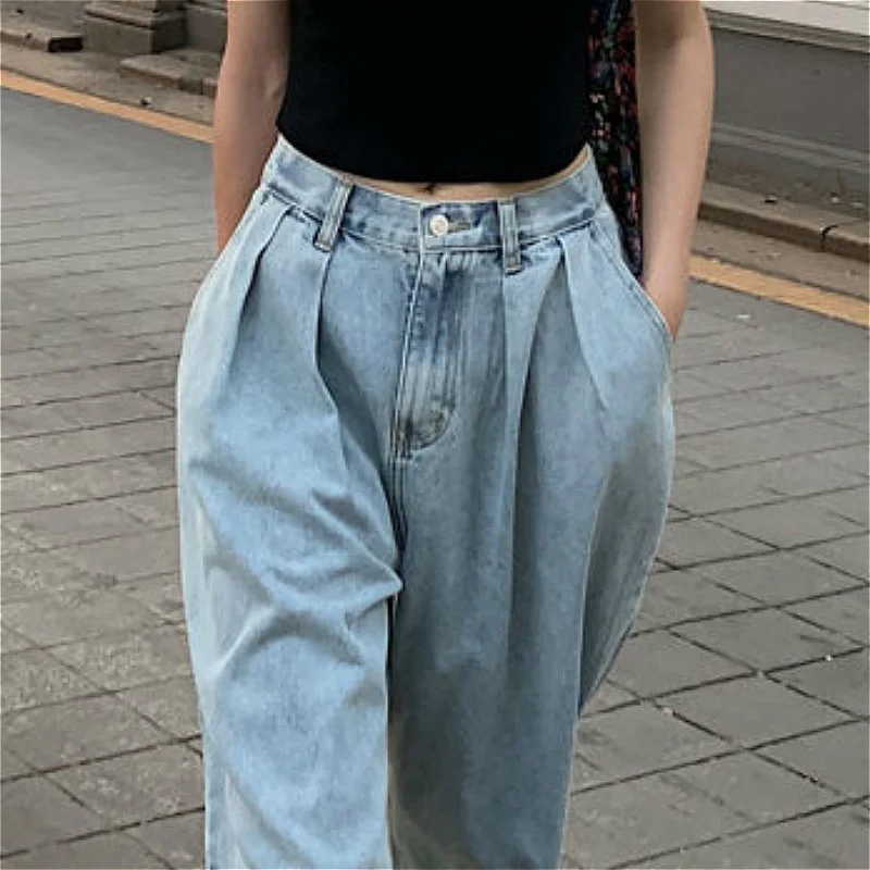 

Jeans Women Full-length Spring Baggy Basic Mopping Feminine High Waist Vintage Cozy Wide Leg Teens Trouser Stylish Mujer Bottoms