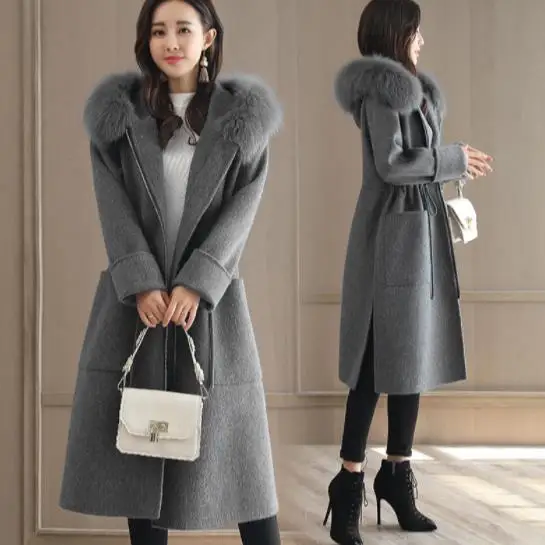 2019 зимнее женское длинное шерстяное пальто приталенная Женская куртка на молнии