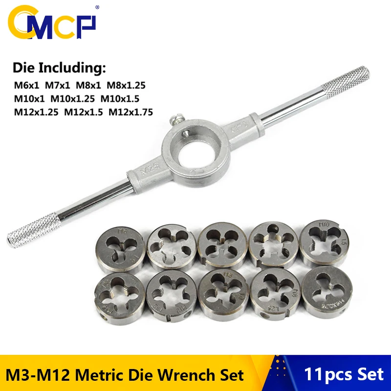 

CMCP 11pcs M3-M12 Metric Die Wrench Set HSS Screw Thread Die Set Hand Tools Screw & Die Kit Hand Tapping Tool Kit Accessories