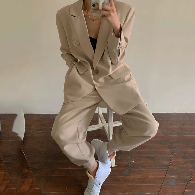 

2021 2 Piece Set Women Tracksuit Casual Vintage Pants Suits Spring Office Suit jacket Ladies Business Sets Korean New