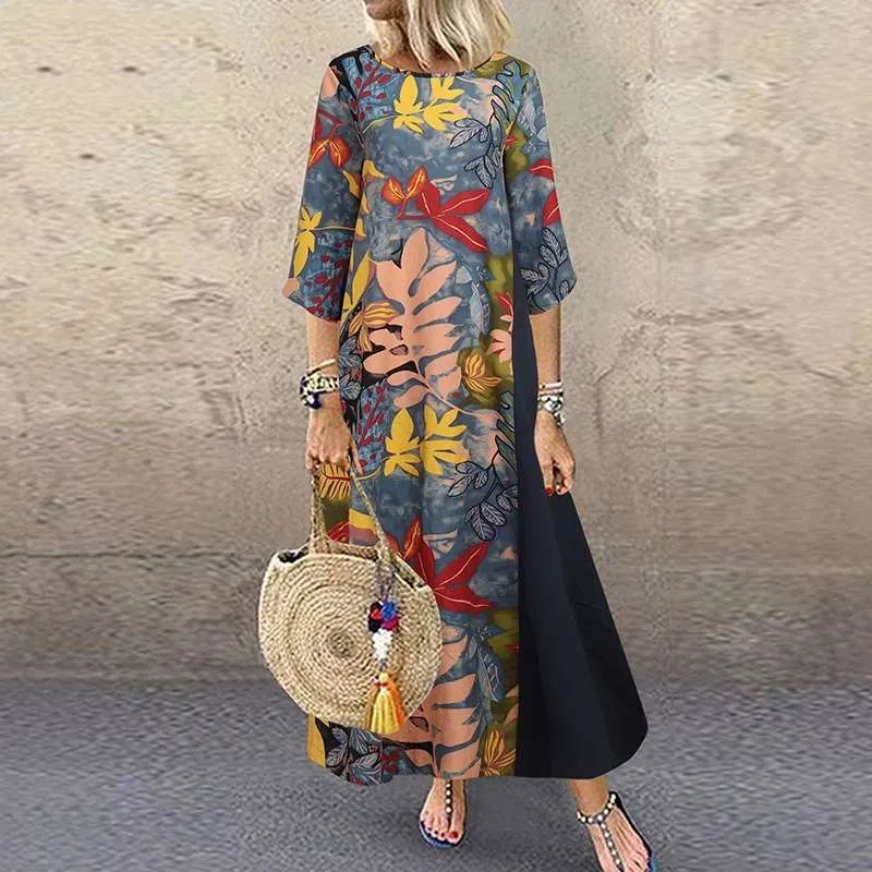 

Vintage Floral Print Patchwork Dress Elegant Spring Autumn Women Causal Half Sleeve Plus Size Dresses Fashion Robes Vestidos