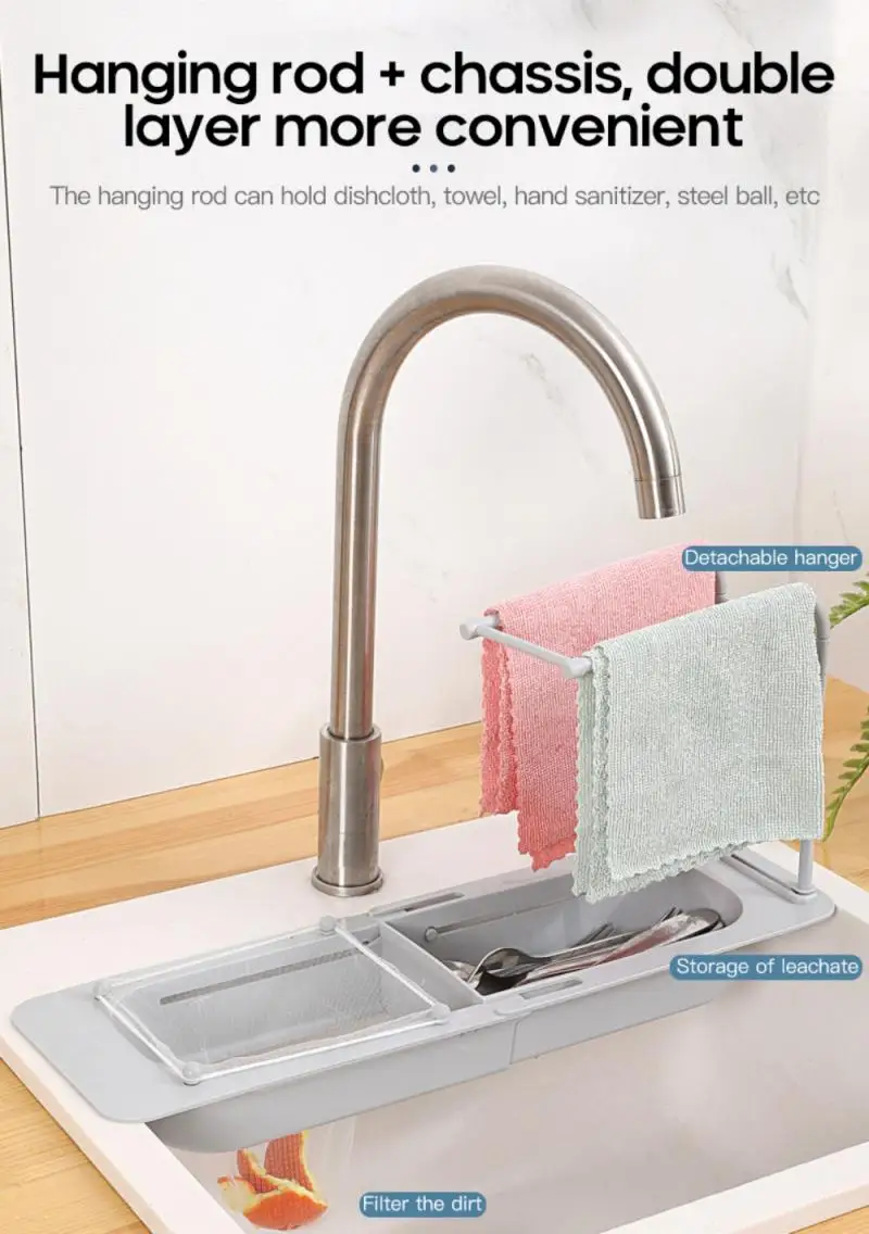 

Telescopic Sink Frame Adjustable Soap Sponge Drain Shelf Storage Basket Holder Rag Towel Household Supplies
