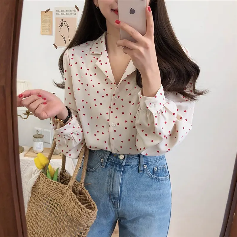 Шифоновые Топы в горошек HziriP свободные блузки с длинными рукавами шикарные