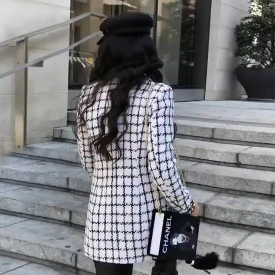 

2021 Summer New Women'S Slim Coat Jacket Double-Breasted Sexy Deep V-Neck Long-Sleeved Plaid Beaded Wind Breaker Party Club Coat