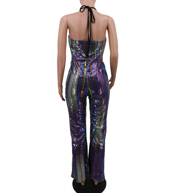 

Rainbow Vertical Stripe Sequin Jumpsuit Sexy Shiny Deep V Neck Sleeveless Bodycon Romper Retro Female Night Club Party Bodysuit