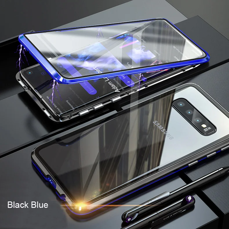 Black blue Двойное магнитное закаленное стекло металлический каркас чехол для телефона для samsung Galaxy Note 8, 9, 10, S8 S9 S10 5G S10E M10 M20 M30 A80 плюс - Цвет: Black blue