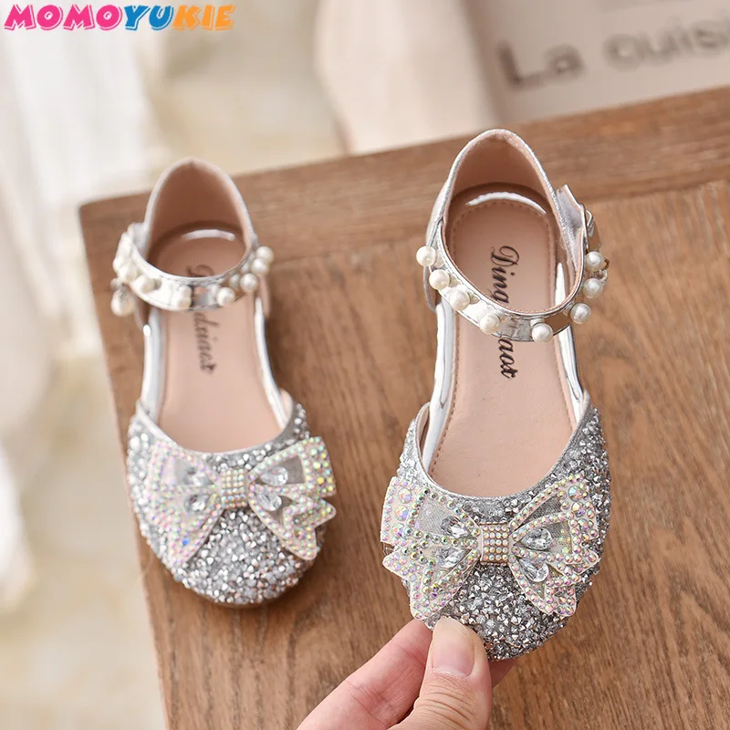 Zapatos con lazo de encaje de lentejuelas para ni&ntilde;as, zapatillas de baile de princesa con perlas bonitas, informales, para fiestas y bodas, 2021-2
