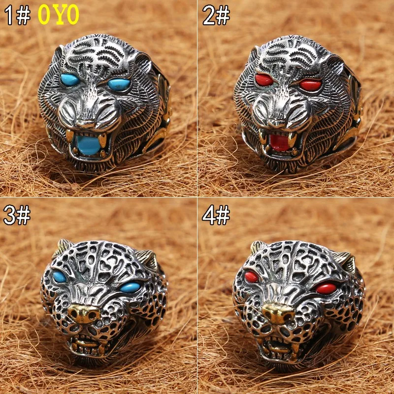 100%925 silver restoring ancient ways ring inlaid stone tiger ring single male aggressiveness