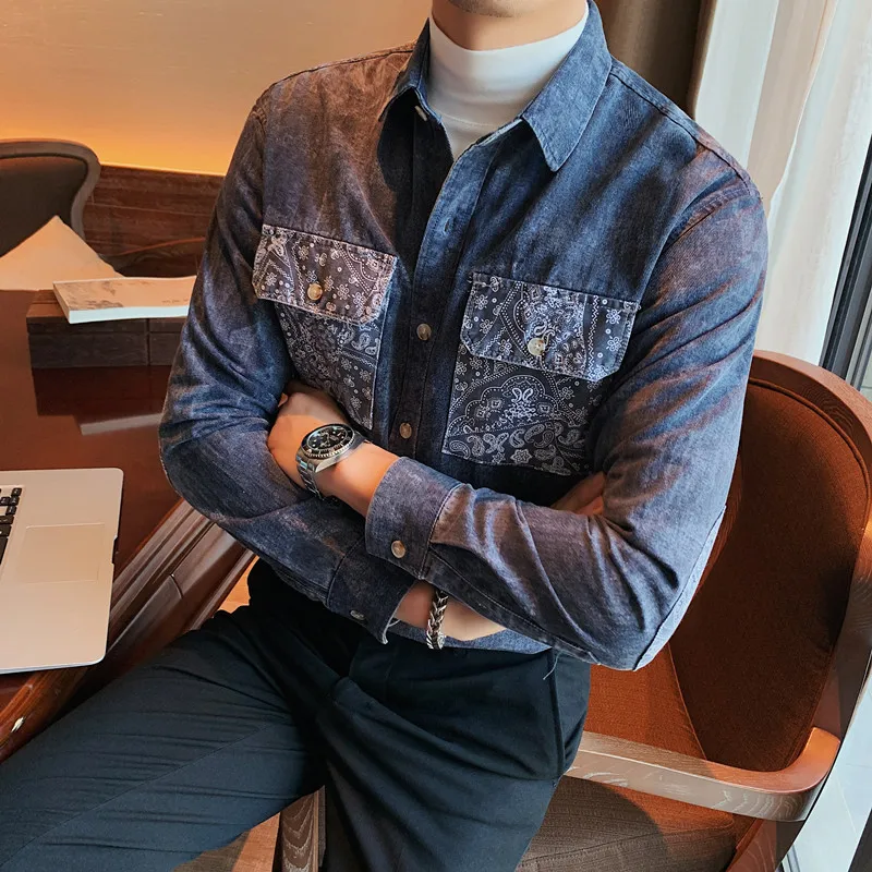 

Autumn Winter New Fashion Front Double Pockets Long Sleeve Shirts For Men Clothing Korean Casual Camisa