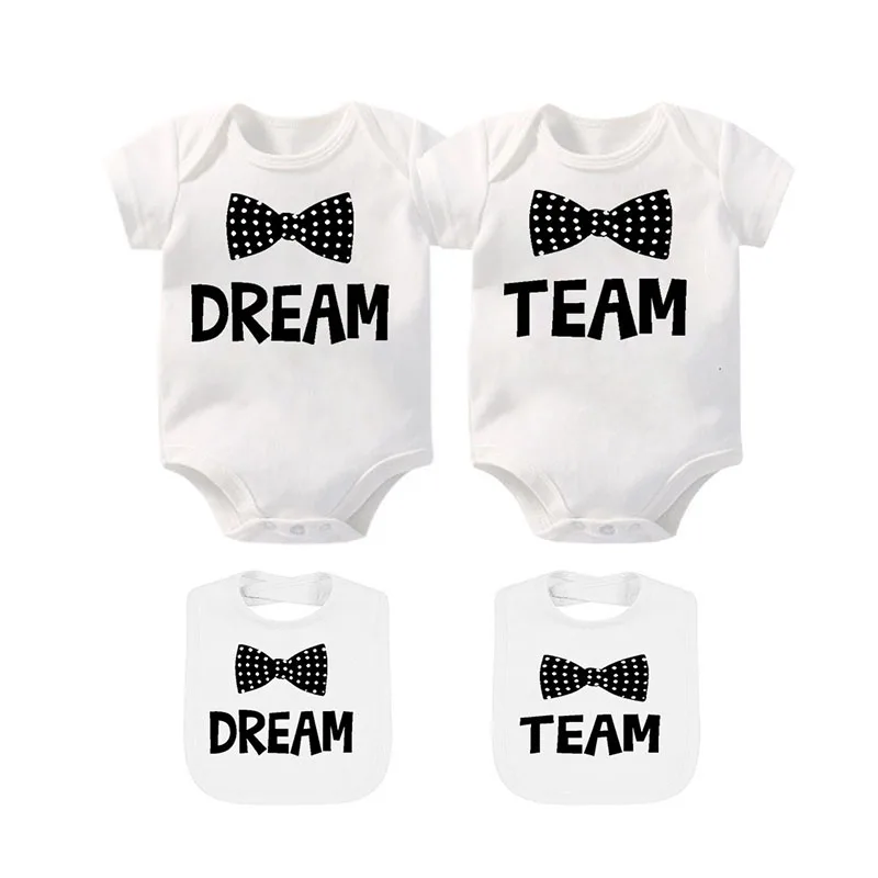

YSCULBUTOL Baby Twins bodysuits and bibs Dream Team two sets toddler boy Girl clothes Funny Birthday Shower gift for 0-12 months