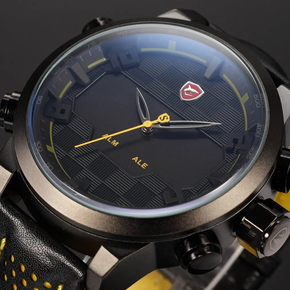 Yellow SH204 Часы с акулой, мужские, светодиодный, черный, красный, нержавеющая сталь, спортивные часы, цифровые, двойной ход, мужские, t кожа, мужские, s, водонепроницаемые часы, relogio masculino - Цвет: Yellow SH204
