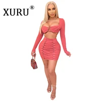 xuru european and american sexy lace up breast wrapped dress two piece long sleeved hip dress suit
