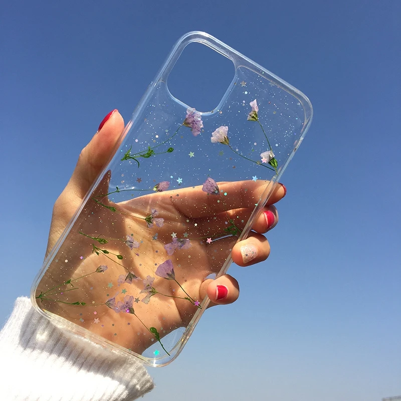 

Tfshining Real Flowers Dried Flowers Case For On iPhone 11 11Pro Max 7 8 Plus X 6 S Plus XS Max XR SE 2020 Clear Glitter Cover