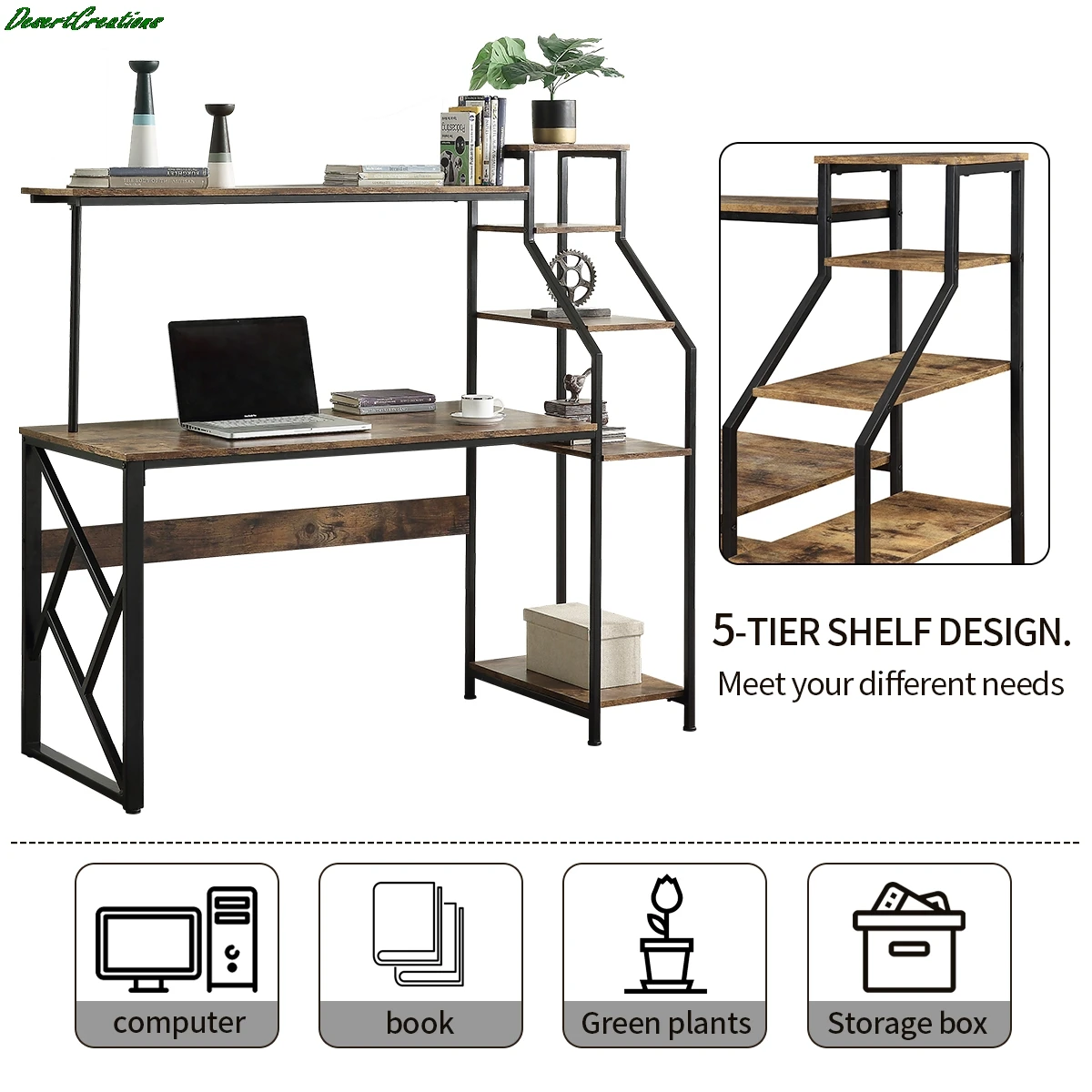 

Home Office Computer Desk with Hutch and Shelf /Writing Study Table with 5 Tier Bookshelves/Multipurpose PC Workstation