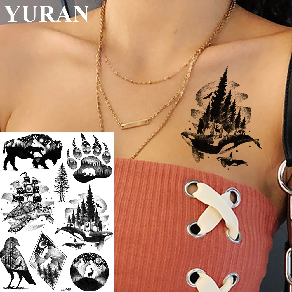 

Forest Animals Fake Turtle Whale Universe Tattoos Stickers Women Chest Arm Art Custom Tattoo Temporary Waterproof Sail Peak Tato