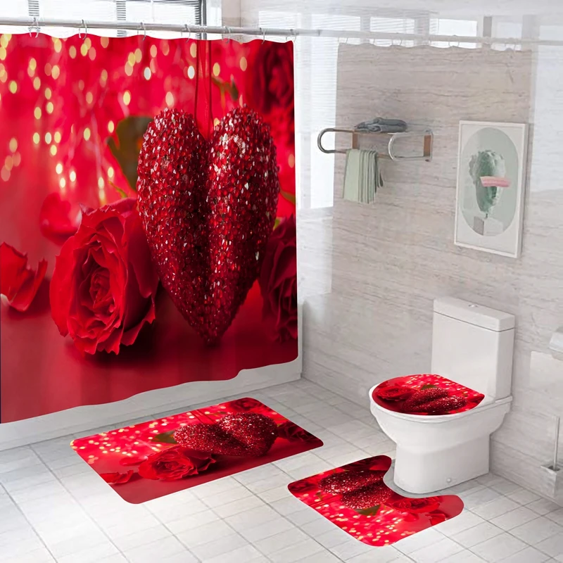 Shower Curtain 4PC Set Waterproof Cupid  Rose Lover Bathroom Curtain Fabric 3d Toilet Cover Mat Valentines Day Bath Decoration