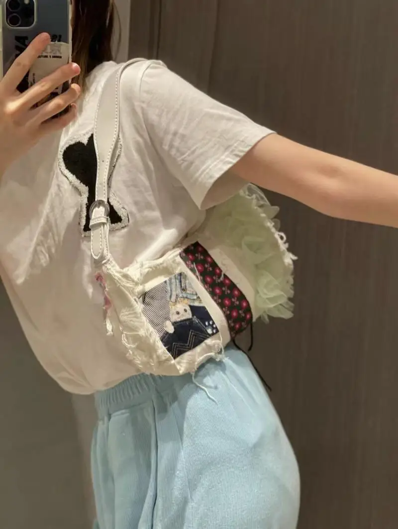 

Fashion Denim Splice Women Shoulder Bag Embroidery Canvas Underarm Women's Bags Designer Cartoon Hand Bags For Women Handbag New