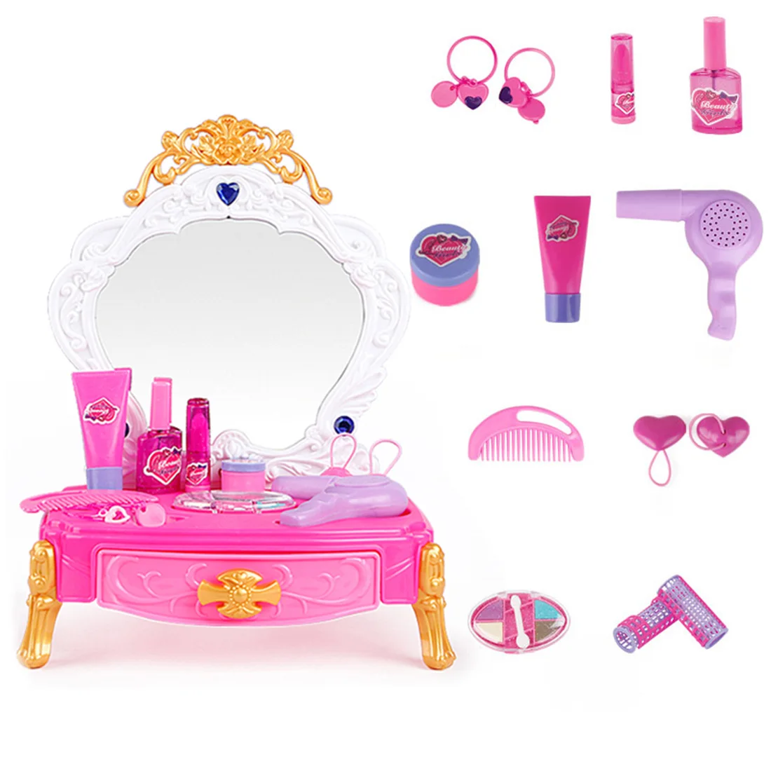 

Детский ролевый макияж, 14 шт., игрушечный туалетный столик, со светом и звуком, развивающие игрушки для детей, подарок на день рождения, розов...