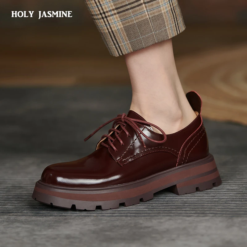 

Cross Tied Women Shoes Genuine Leather Platform Shoes Chunky Pumps for Women 2021 Autumn Newest Office Lady Shoes Woman Flats