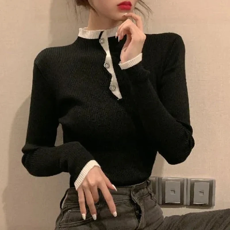 

Autumn Women Half High Collar Full Sleeve Patchwork Knitted Pullover Tops Korean Style Fashion Jumper Female Bottoming Sweater