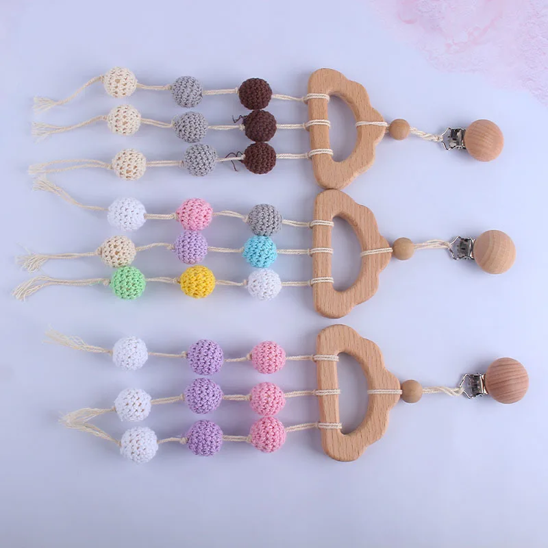 Kissteether 1 Uds beb&eacute; de madera mordedor de BPA libre haya roedor Crochet madera chupete de cuentas colgante campanas chupete cierre juguete para regalo-4