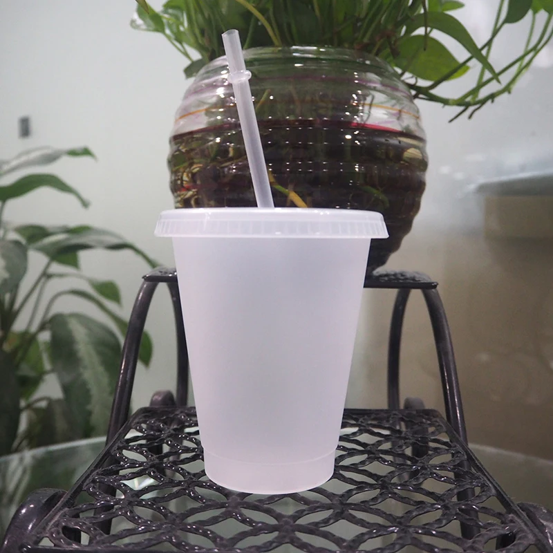 5Pcs Transparent Reusable Water Bottle Temperature Color Changing Cup With Lid & Straw Plastic Cold Sport | Дом и сад