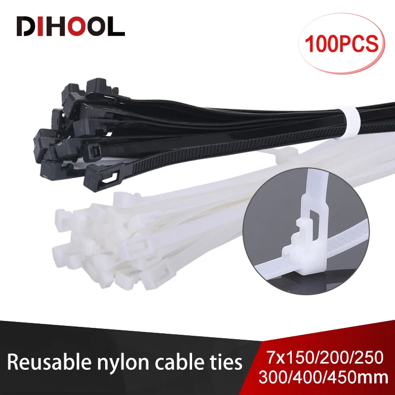 

100pcs/lot Black and White Reusable nylon cable tie Openable plastic nylon ties 7x150/7x200/7x250/7x300/7x400/7x450mm