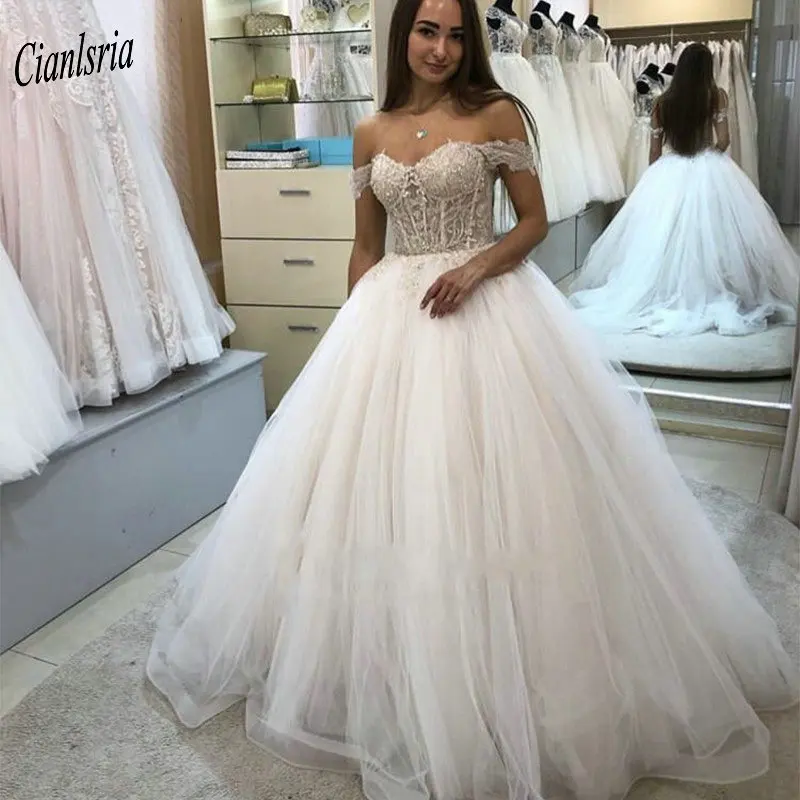 

Elegant Sweetheart Off The Shoulder Ball Gown Wedding Dress Appliques Lace Beading Sleeveless Long Bridal Wedding Dresses