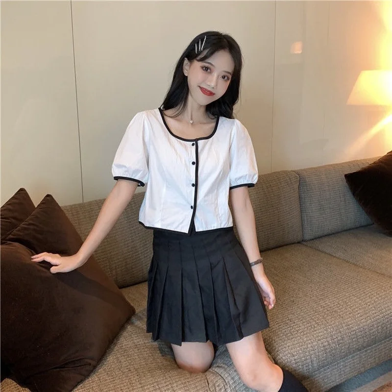 

Shirt Women Crop Top Puff Sleeve Sweet Single Breasted Thin Solid Color Leisure Teen Daily Breathable Ins Clothing Mujer Blusas