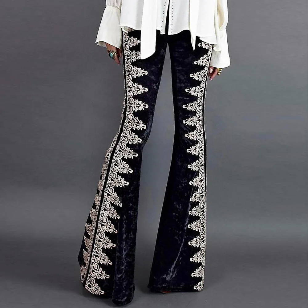 New Fall/winter New European and American Trousers Women's Velvet High Waist Unique Embroidery Slim Flared Trousers