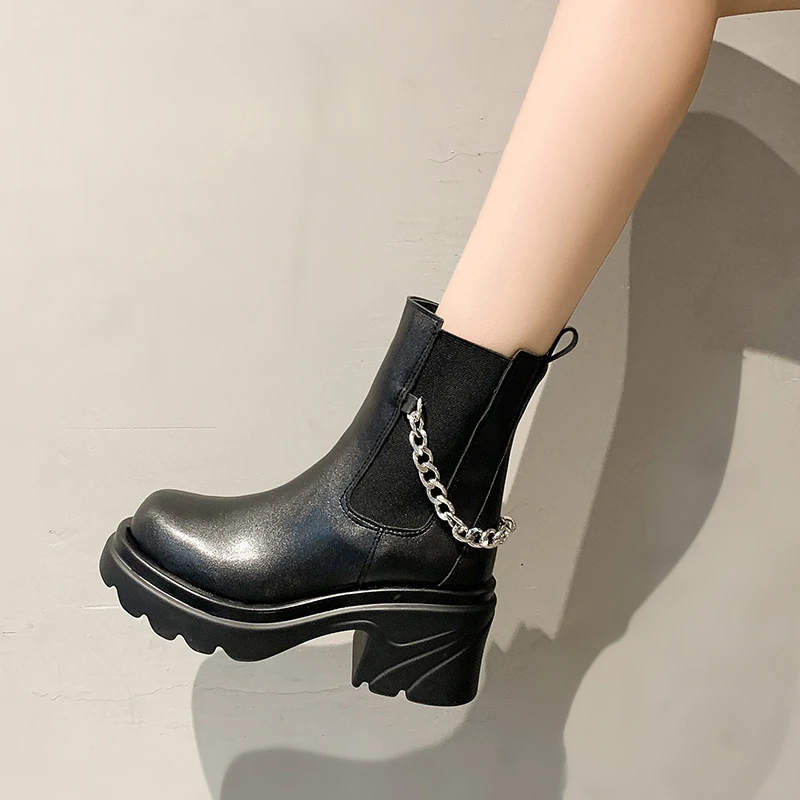 NYBYCACL Women Ankle Boots Med Heel Platform Non Slip PU Leather Soft Short Boots Shoes Round Toe Slip on Boots