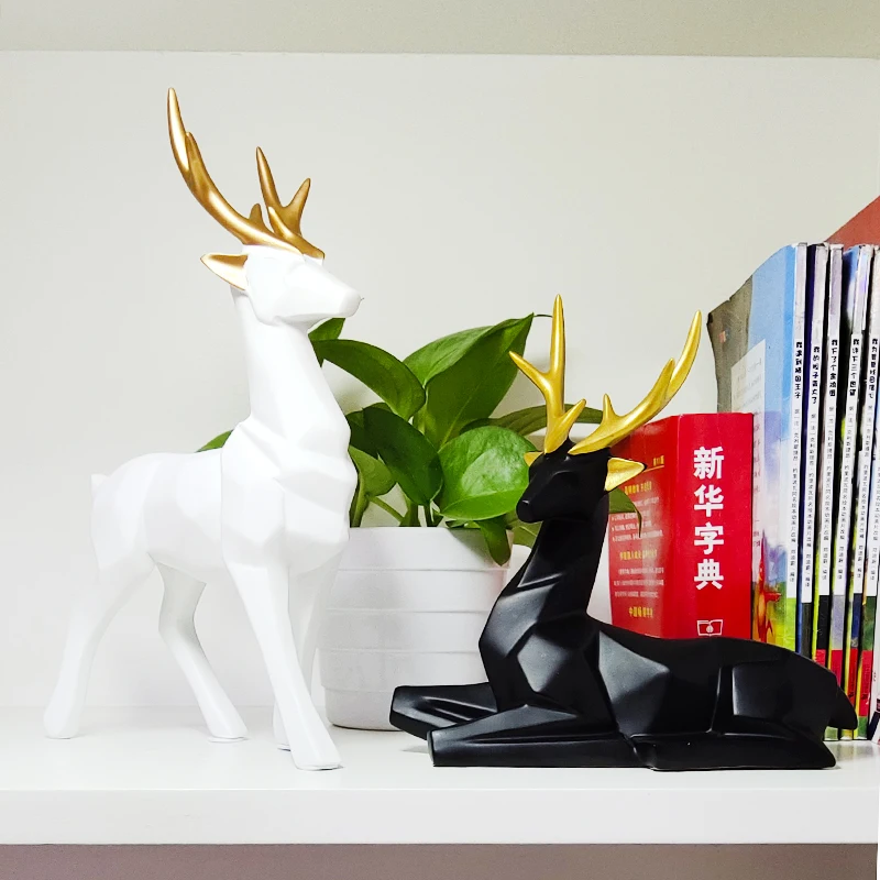 

2pcs/lot Deer Figures Black/white Elk Statue Resin Sculpture Home Decor Ornament Office Decoration Business Gift China Art Craft