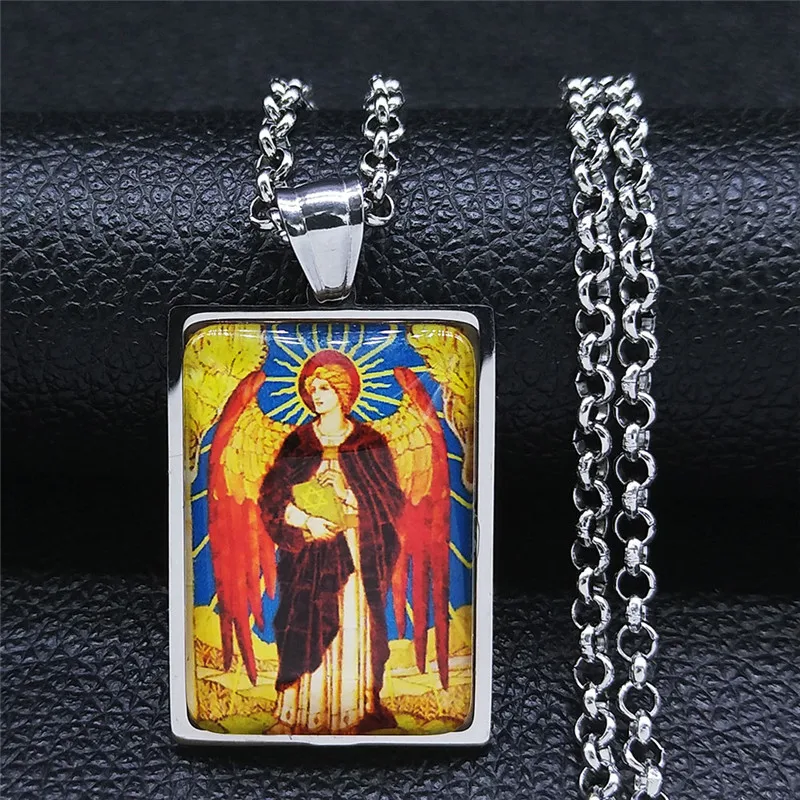 

Stainless Steel Glass Archangel St.Michael Protect Me Chain Necklace Women/Men Silver Color Geometry Jewelry collier NJ59S05