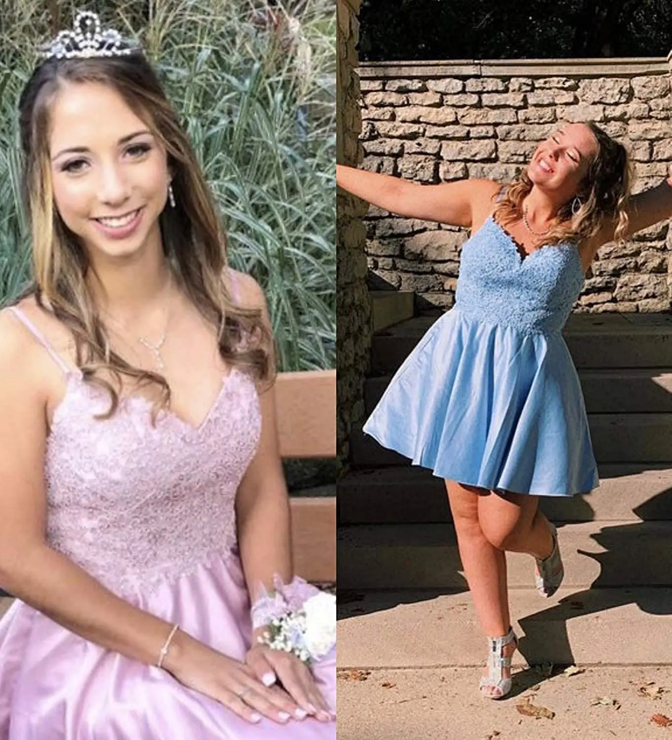 

Women's V Neck Lace Short Homecoming Dresses for Juniors A Line Satin Cocktail Prom Gown with Pockets bridesmaid dress