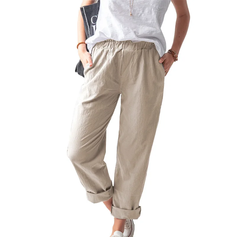 

Autumn Solid Pants Elegant Work Long Trousers Women Casual Cropped Female Straight Fashion Elastic Waist Plus Size Office Pocket