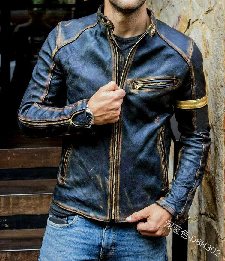 

Classical Motorcycle Leather Jackets Men's Spring Autumn New Coat Jacket Slim Youth Stand Collar Punk Coats Stripe Leather Coat