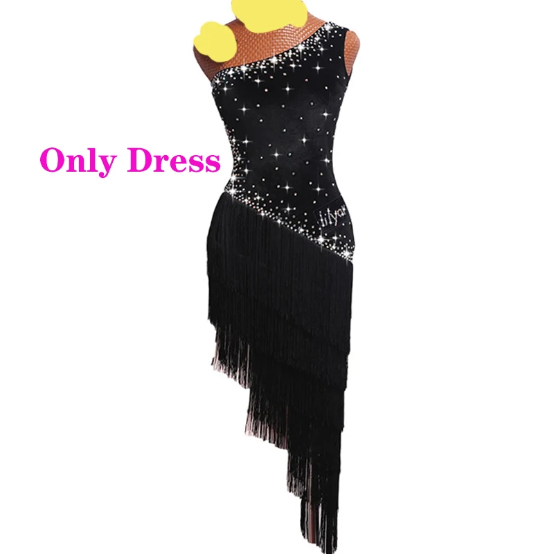 Black Dress Платья для латинских танцев для женщин, черная бахрома, блестящие стразы, открытая спина, танго, сальса, Бальные соревнования, костюмы для латинских танцев BL1279 - Цвет: Black Dress