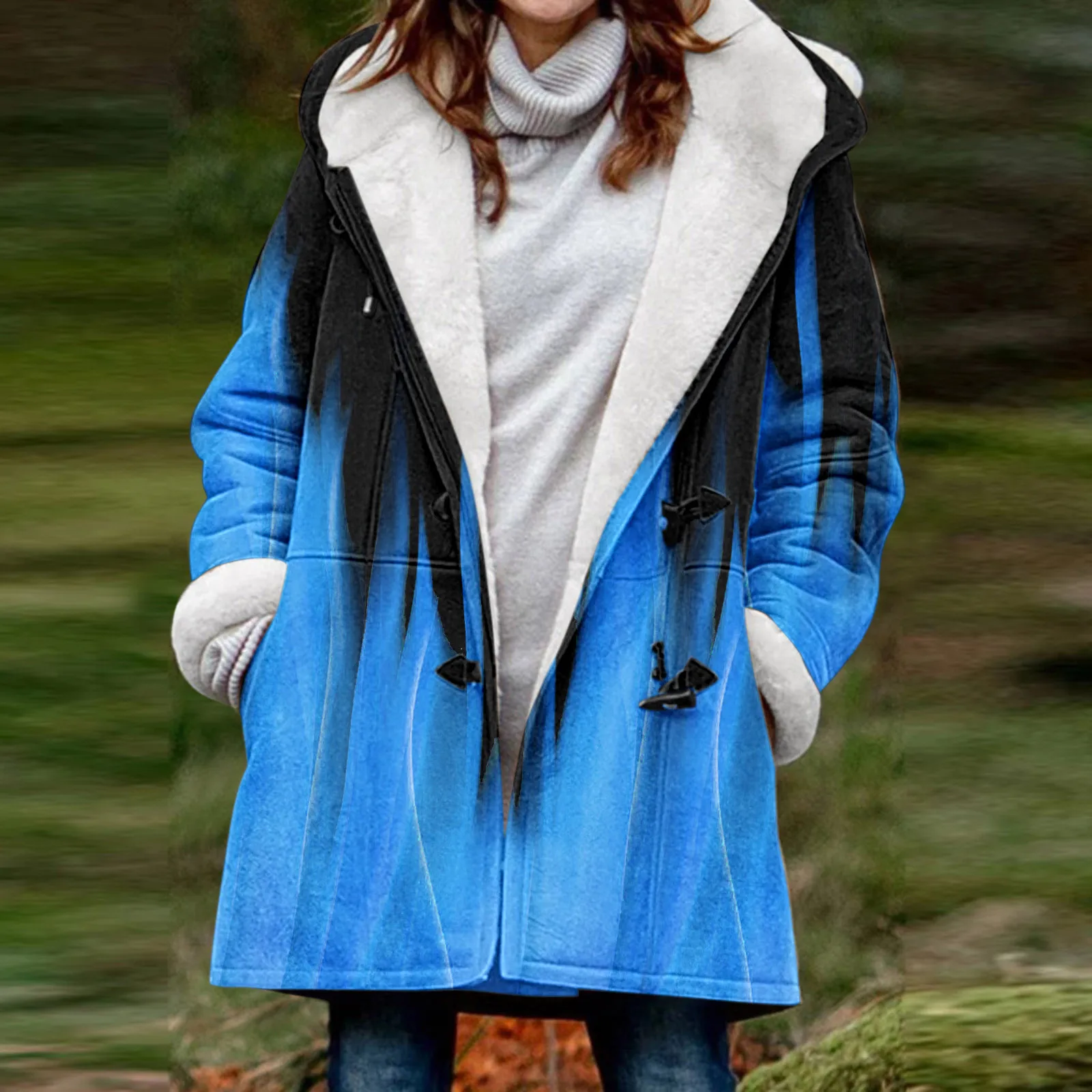 

Женская флисовая куртка с капюшоном, Повседневная Свободная куртка на пуговицах, с флисовой подкладкой и градиентом, Осень-зима